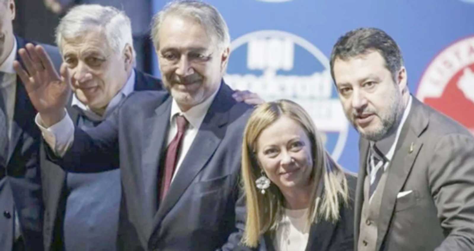 Da sinistra, Antonio Tajani, segretario nazionale FI, il Governatore della regione Lazio Francesco Rocca, la premier Giorgia Meloni e Matteo Salvini, leader della Lega