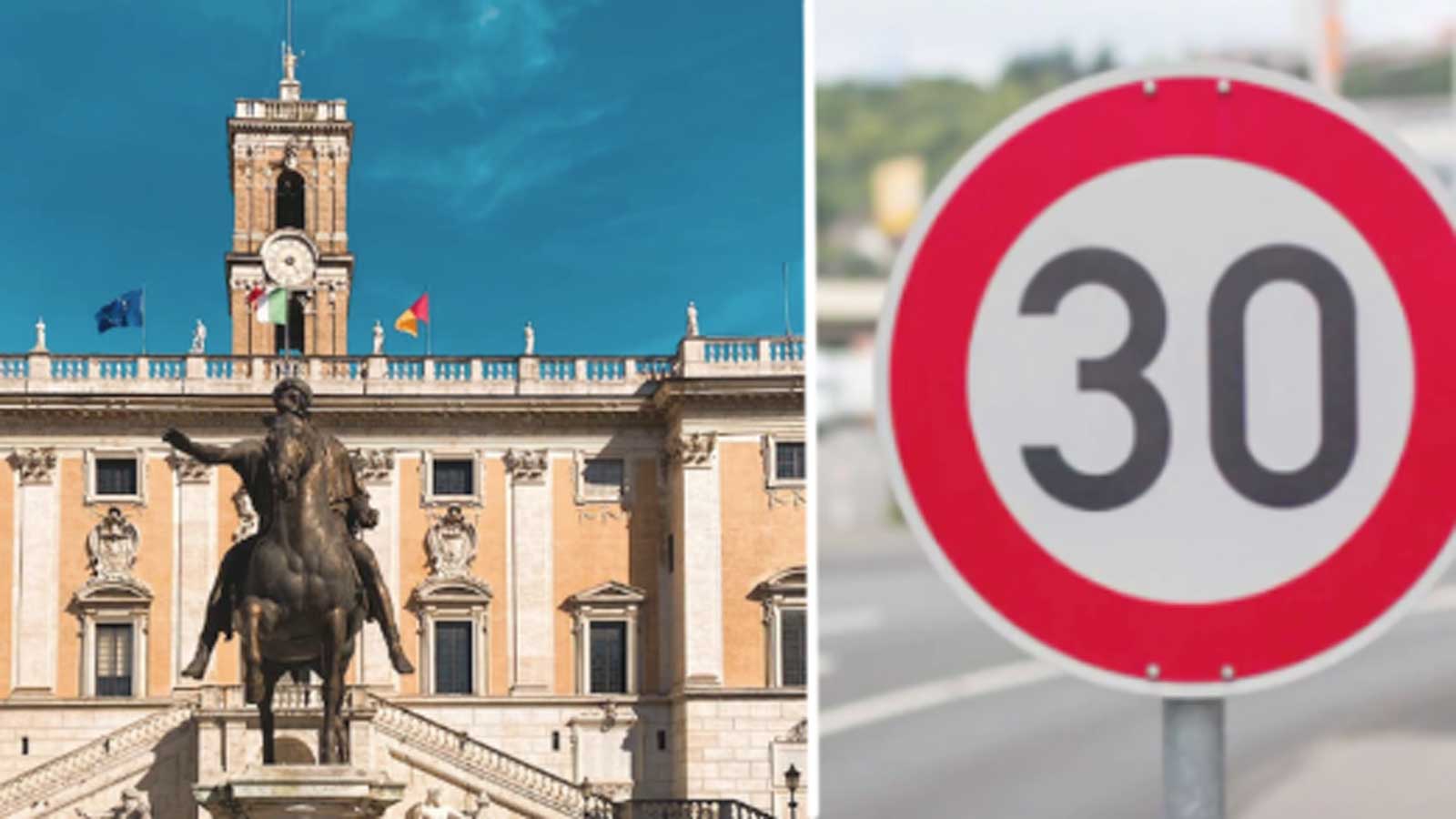 Da sinistra, il Campidoglio, a destra un classico cartello che indica l'inizio di una classica Zona 30