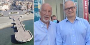 Da sinistra, il pontile di Ostia, il sindaco di Roma Gualtieri insieme al presidente del Municipio X Falconi