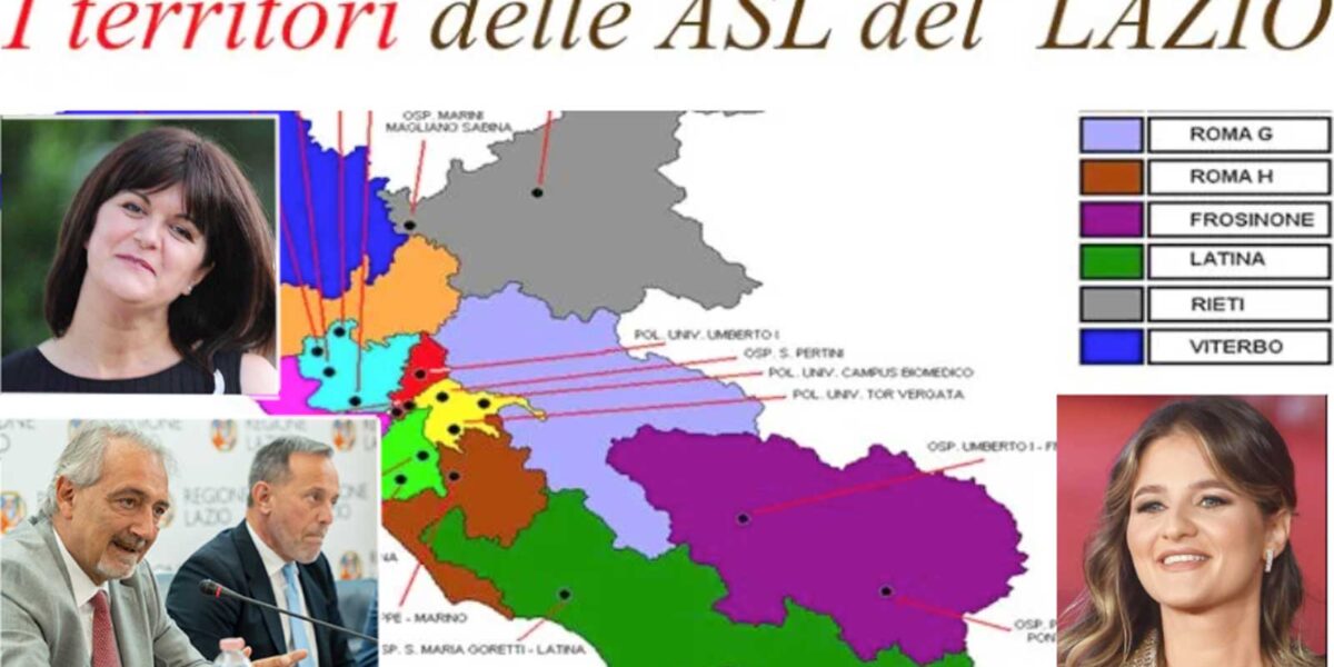 Regione Lazio, la mappa delle Asl inclusa quella di Frosinone, in sovraimpressione Rocca, Righini, Manetti e Biordi