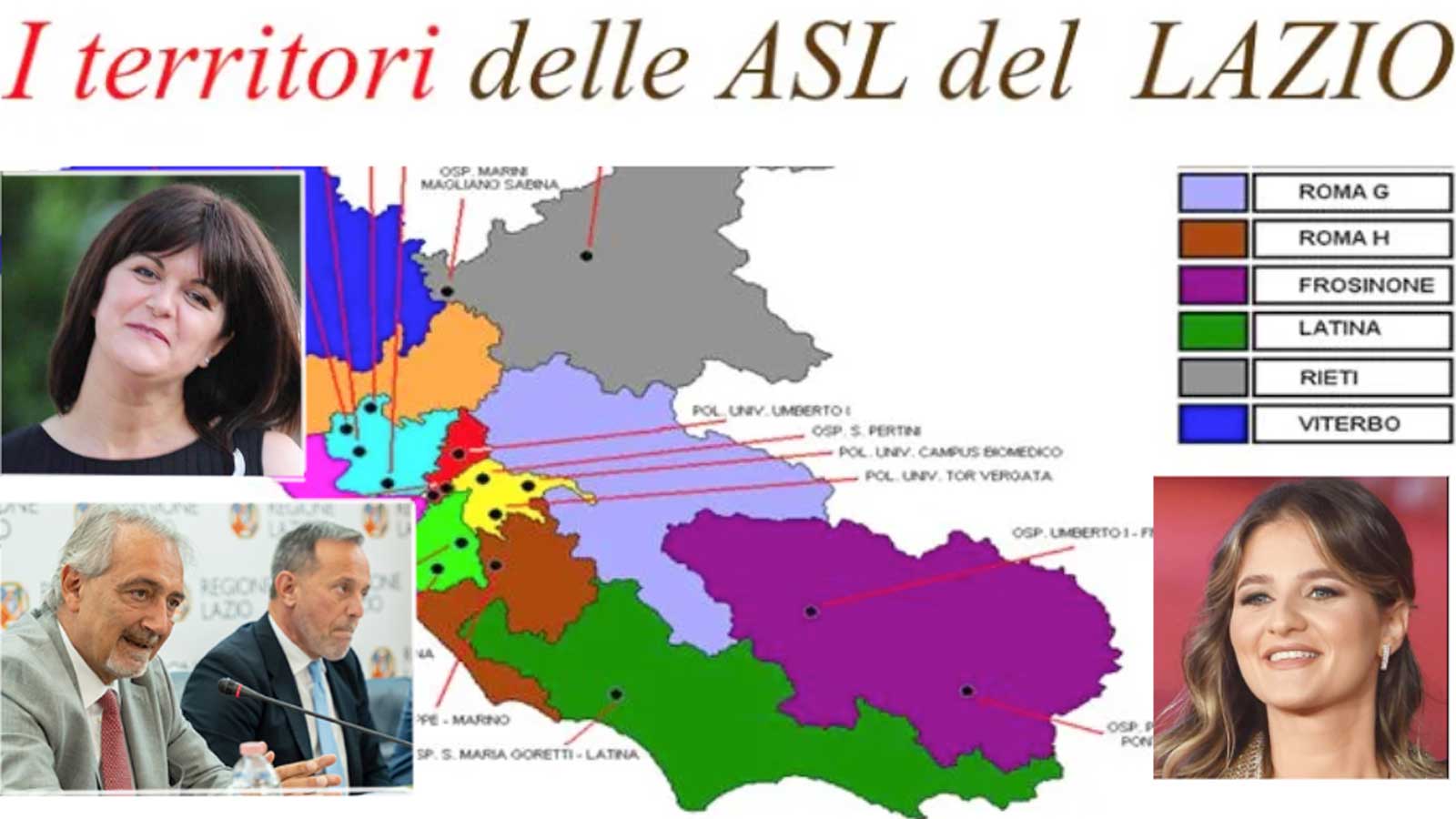 Regione Lazio, la mappa delle Asl inclusa quella di Frosinone, in sovraimpressione Rocca, Righini, Manetti e Biordi