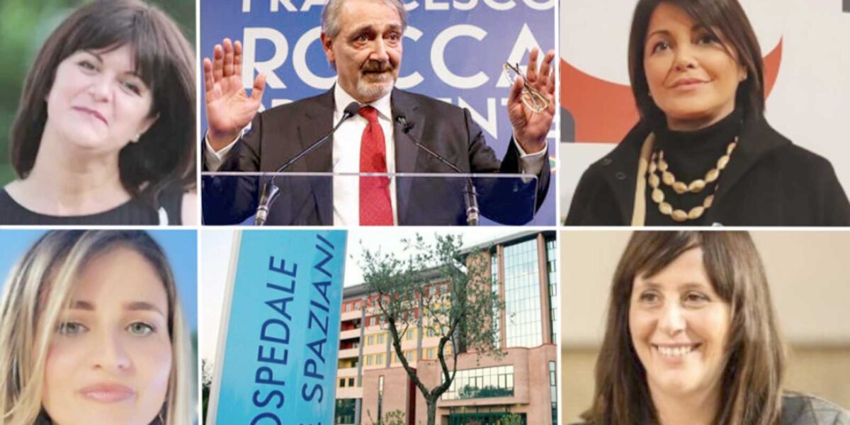 Regione Lazio, da sinistra in senso orario: Manuela Mizzoni, Francesco Rocca, Alessia Savo, Lorella Biorgi, l'Ospedale Spaziani di Frosinone, Sara Battisti