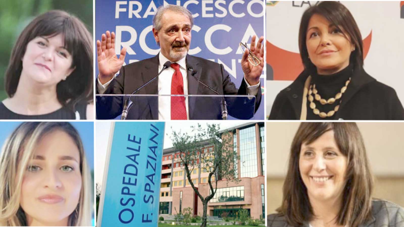 Regione Lazio, da sinistra in senso orario: Manuela Mizzoni, Francesco Rocca, Alessia Savo, Lorella Biorgi, l'Ospedale Spaziani di Frosinone, Sara Battisti